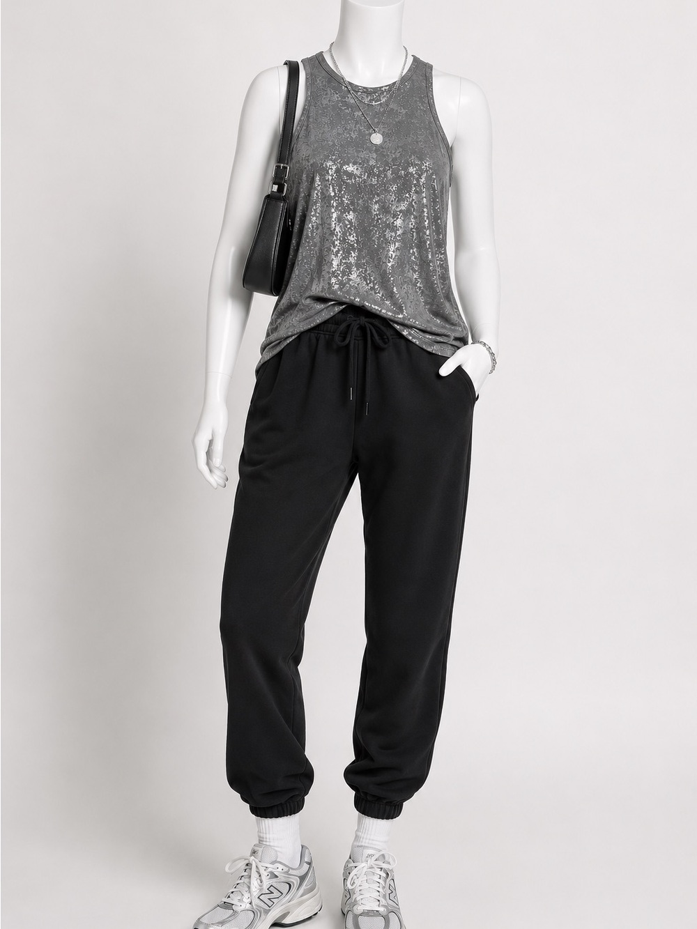 All In Motion Silver Metallic Foil Splatter Side Tie Tank Top Gray Large Active